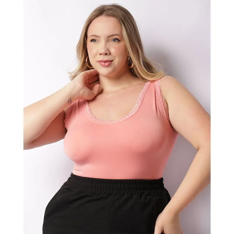 Regata Plus Size Feminina Sem Costura Com Renda Rosa G2