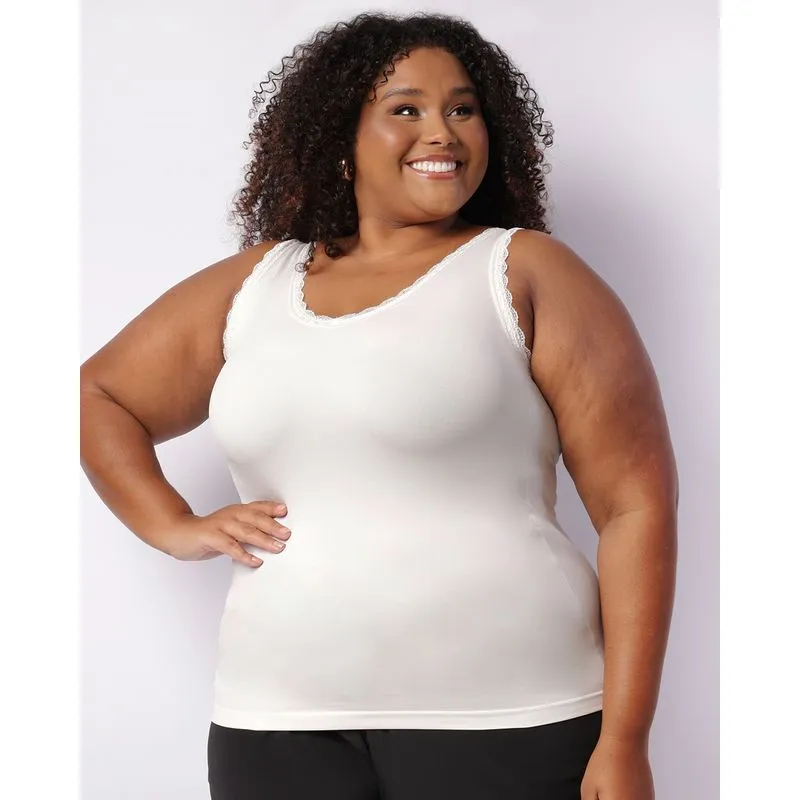 Regata Plus Size Feminina Com Renda Sem Costura Branca G1