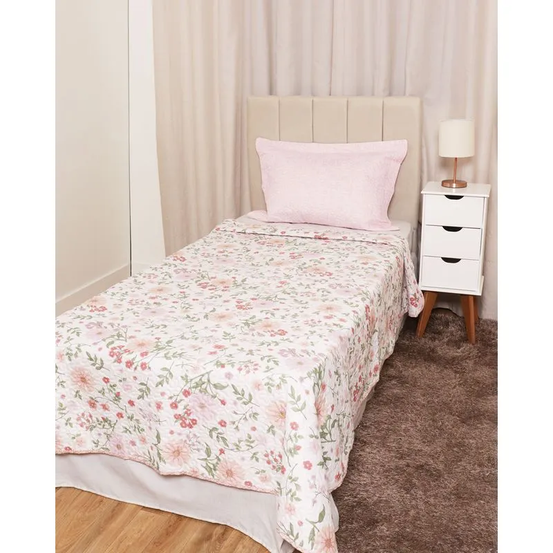 Colcha Solteiro Andreza Matelassê Dupla Face Floral Rosa UN