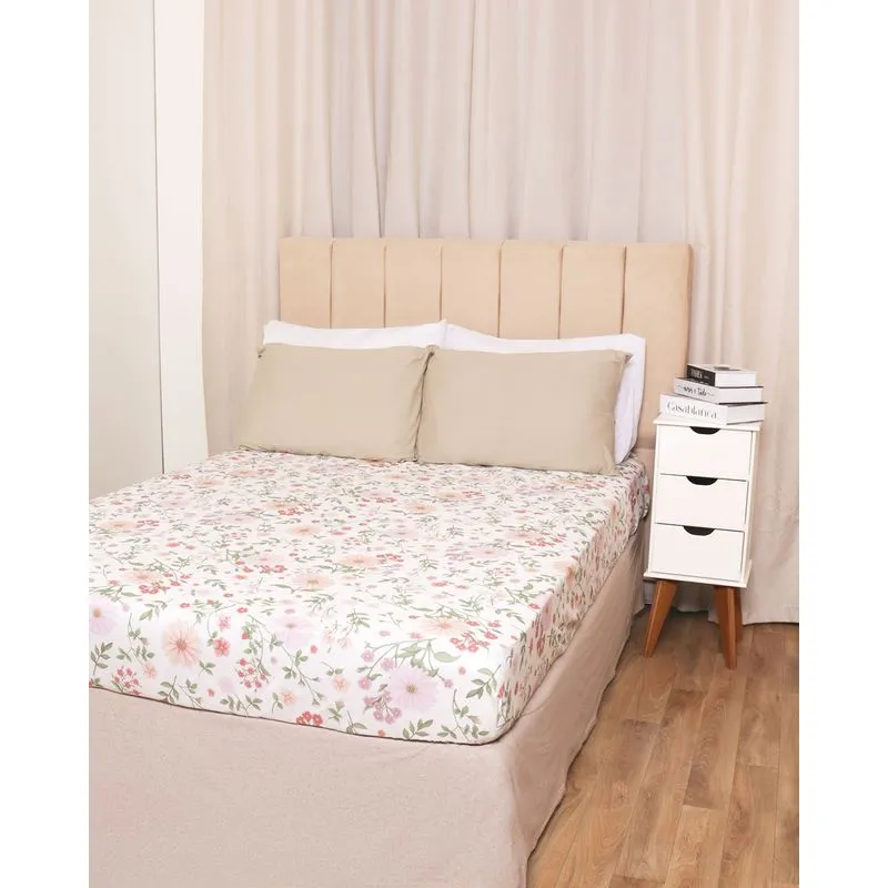 Lençol Avulso Queen Andreza Caprice Com Elástico Floral Branco UN