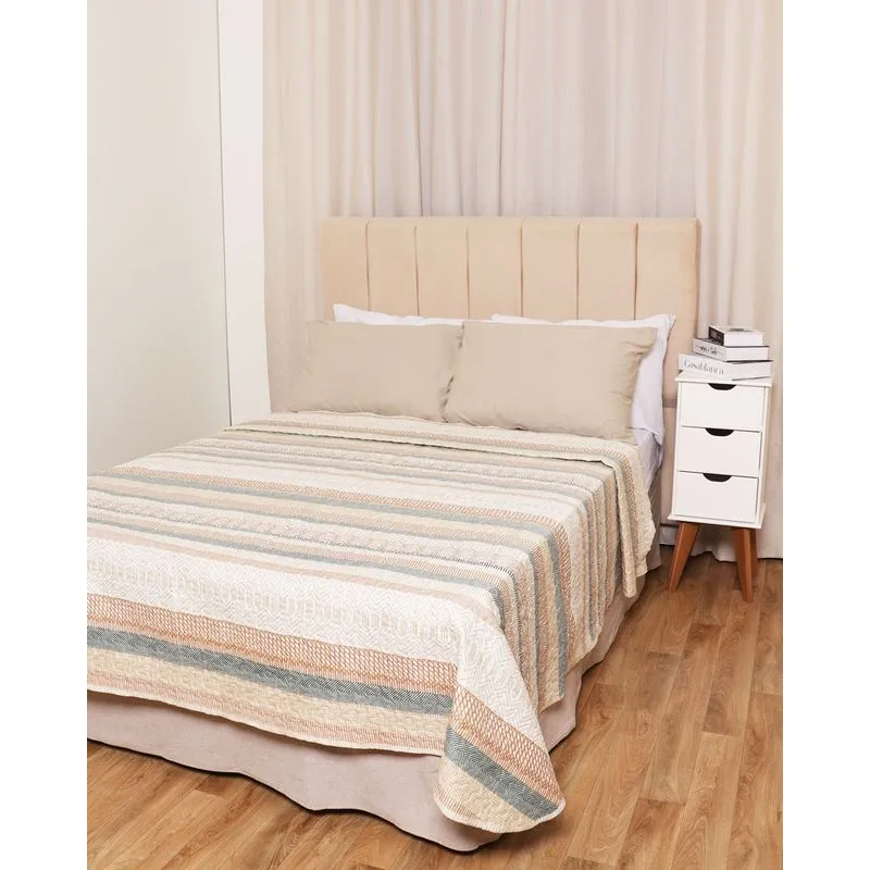 Colcha Queen Matelassê Dupla Face com Viés Estampada Bege UN