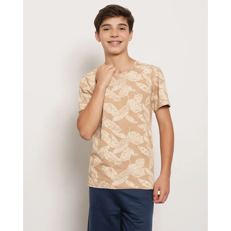 Camiseta Juvenil Manga Curta Estampa Tropical Bege 16