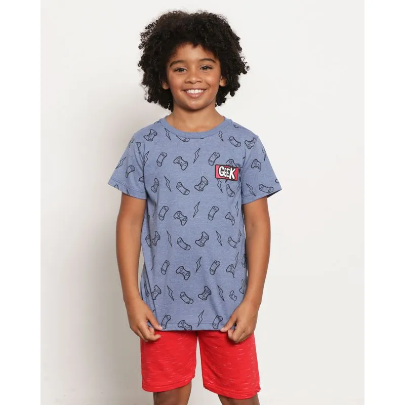 Camiseta Infantil Manga Curta Estampa Geek Azul 4