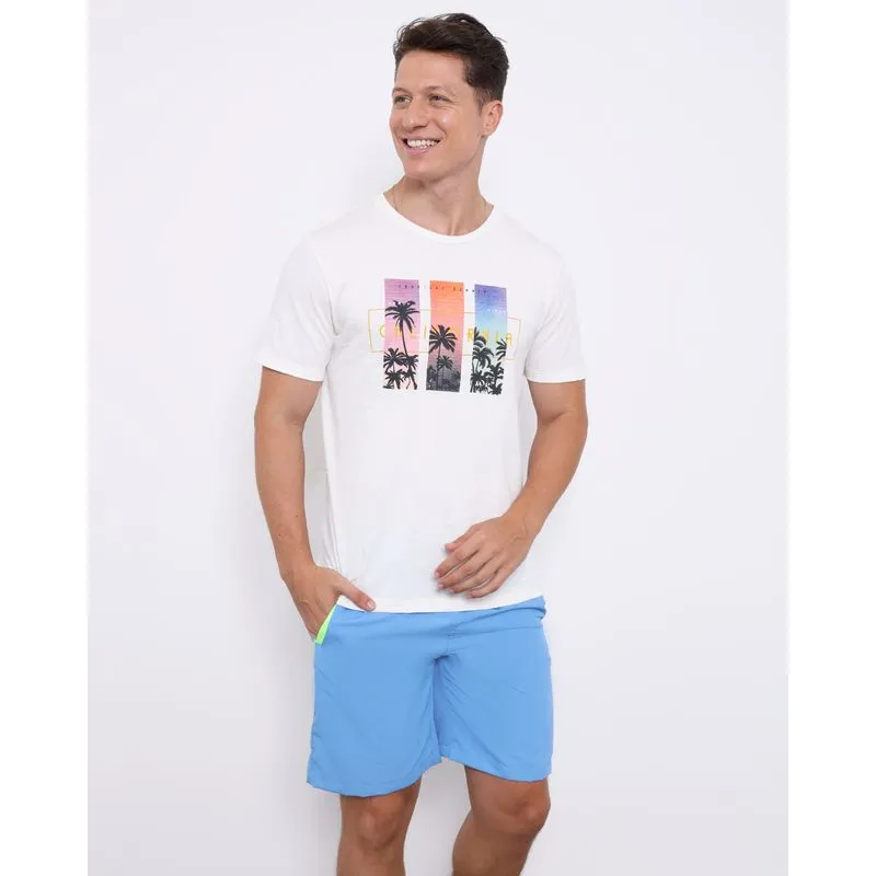 Camiseta Masculina Surf Estampa Tropical Frontal Manga Curta Off White P