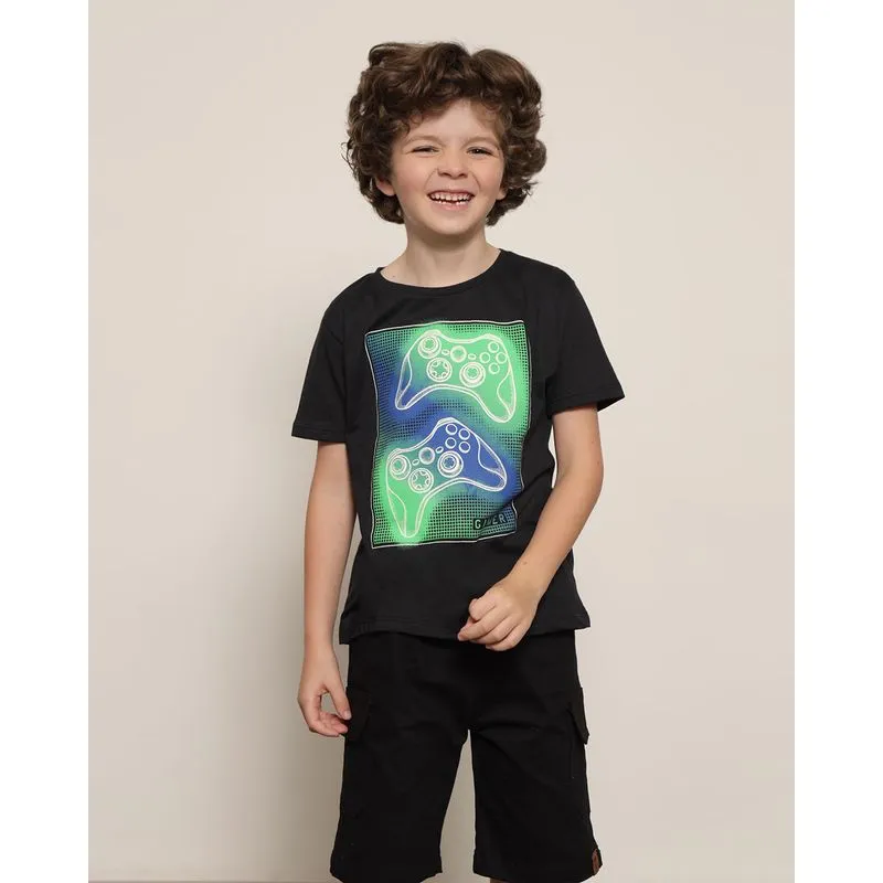 Camiseta Infantil Menino com Estampa Gamer Manga Curta Gola Careca Preta 10