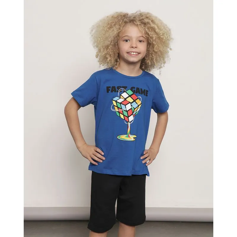 Camiseta Infantil Manga Curta Estampa Frontal Cubo Mágico Azul 8