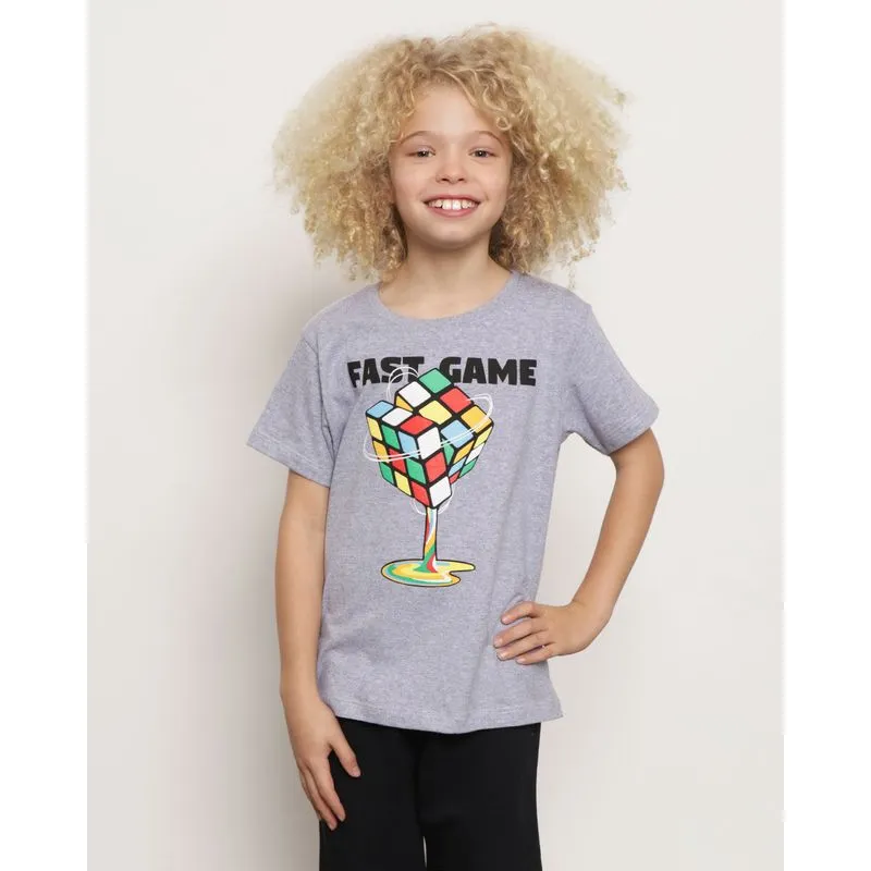 Camiseta Infantil Manga Curta Estampa Frontal Cubo Mágico Cinza 6