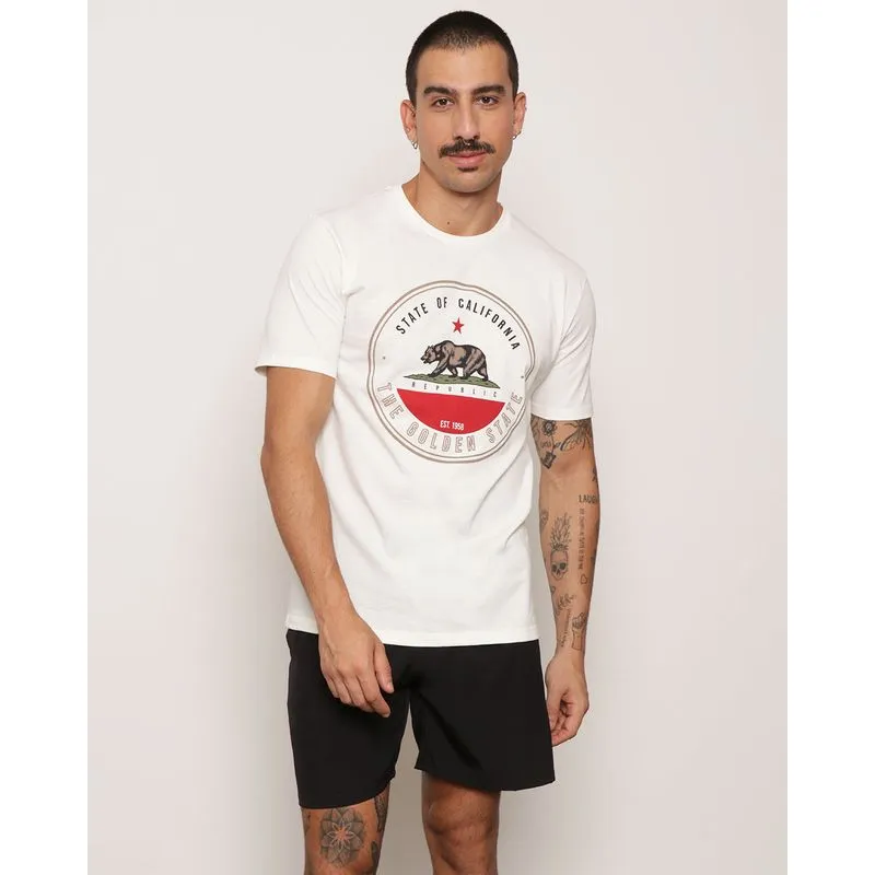 Camiseta Masculina Surf Manga Curta Estampa Urso Off White P