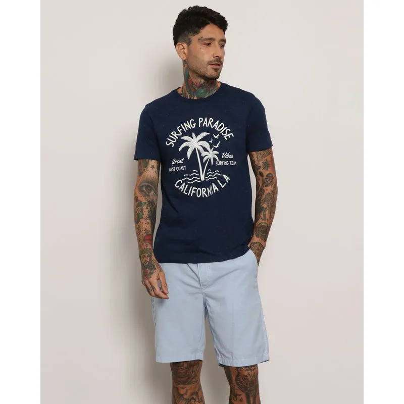 Camiseta Masculina Surf Manga Curta Botonê Estampa Coqueiro Marinho M