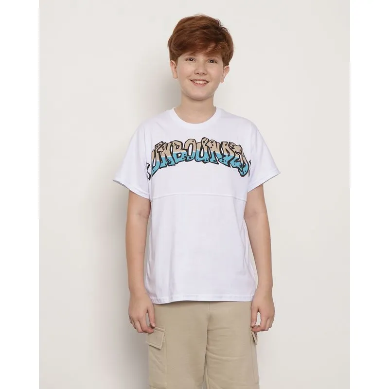 Camiseta Juvenil Manga Curta Recorte Estampa Branca 14