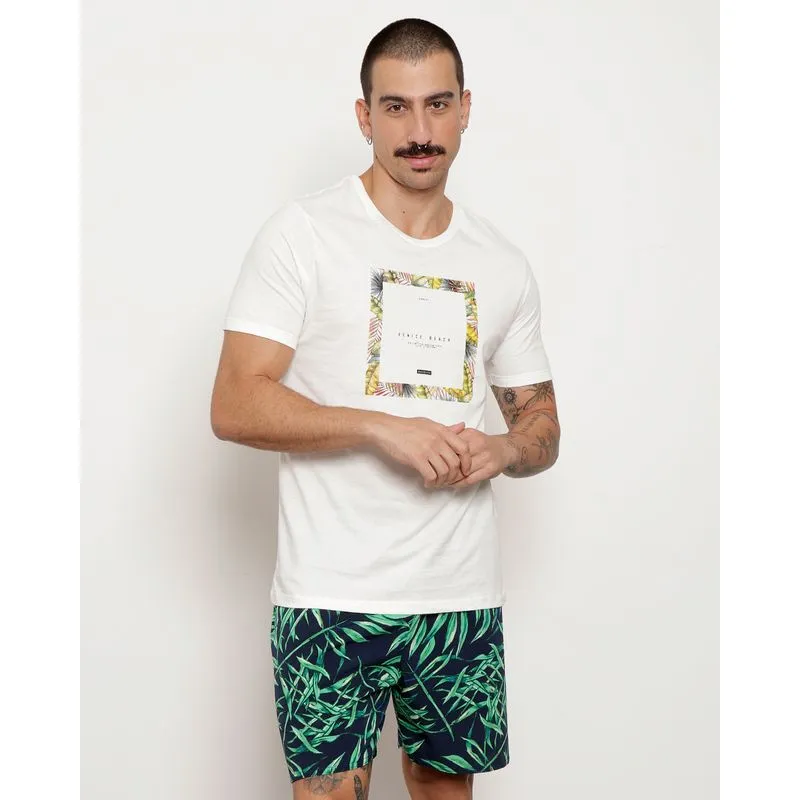 Camiseta Masculina Surf Manga Curta Estampa Frontal Floral Off White P