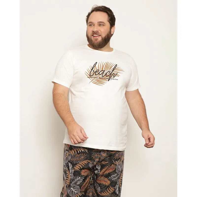 Camiseta Plus Size Masculino com Estampa Frontal Beach Manga Curta Gola Careca Off White G2