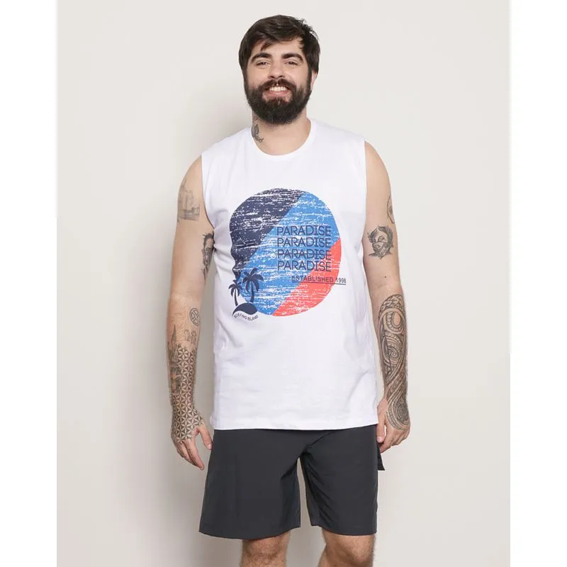 Regata Plus Size Masculina Estampa Tropical Branca G3