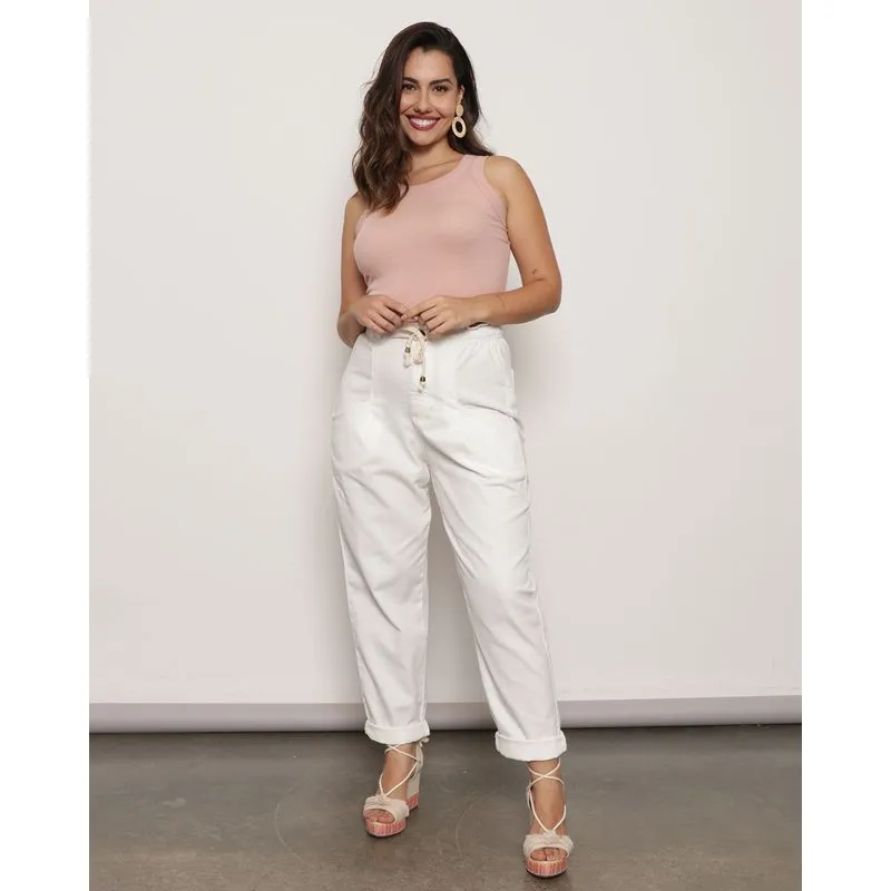 Calça Sarja Feminina Slouchy Com Cordão Off White 42
