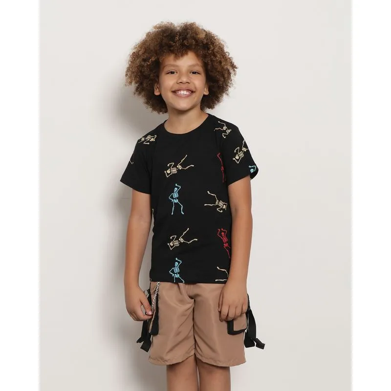 Camiseta Infantil Manga Curta Estampa Caveira Preta 8