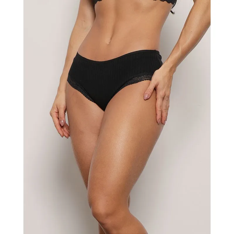 Calcinha Feminina Cintura Alta Canelada com Renda Preta P
