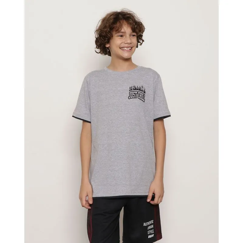 Camiseta Juvenil Manga Curta Estampa Just Chill Cinza 12
