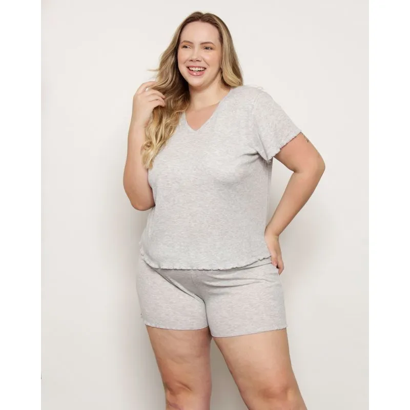 Pijama Plus Size Feminino Curto Canelado Com Frufru Cinza 48