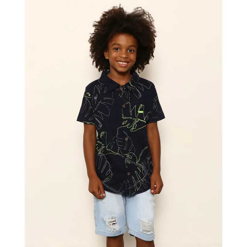 Camisa Infantil Gola Dobrável Estampa Folhagem Marinho 8
