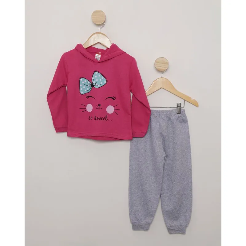 Conjunto Bebê Moletinho Com Capuz Estampa Gatinha Rosa 3