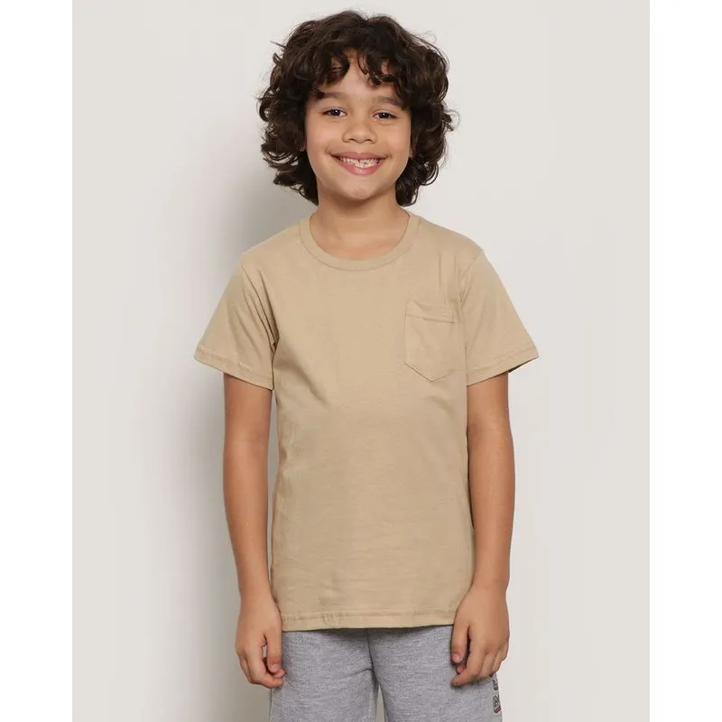 Camiseta Infantil Manga Curta Bolso Único Frontal Bege 10