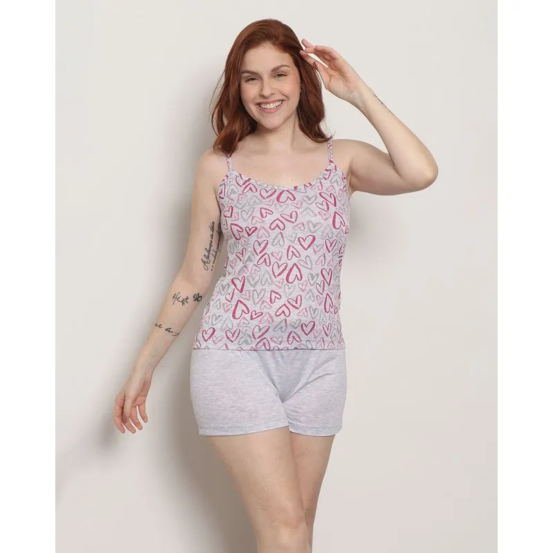 Pijama Feminino Curto Estampado Corações Cinza P