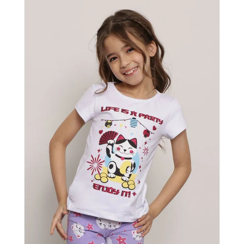 Blusa Infantil Manga Curta Estampa Gato Branca 8