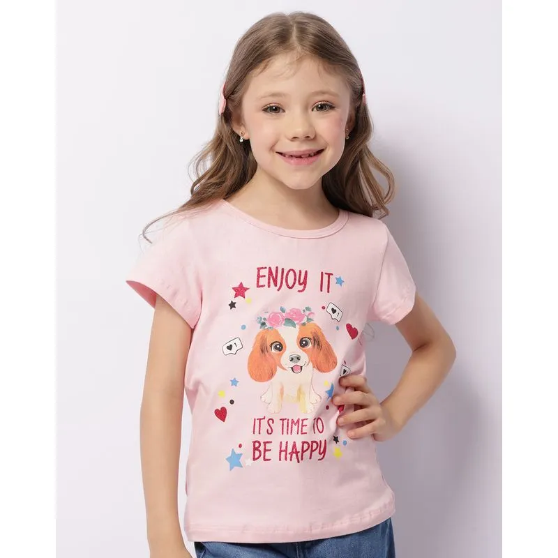 Blusa Infantil Manga Curta Estampa Cachorrinho Com Glitter Rosa 4