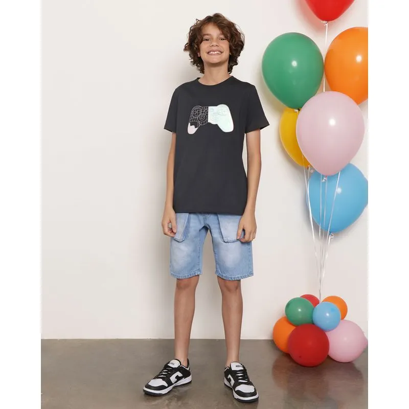 Bermuda Jeans Juvenil Reta Com Cordão Azul UN