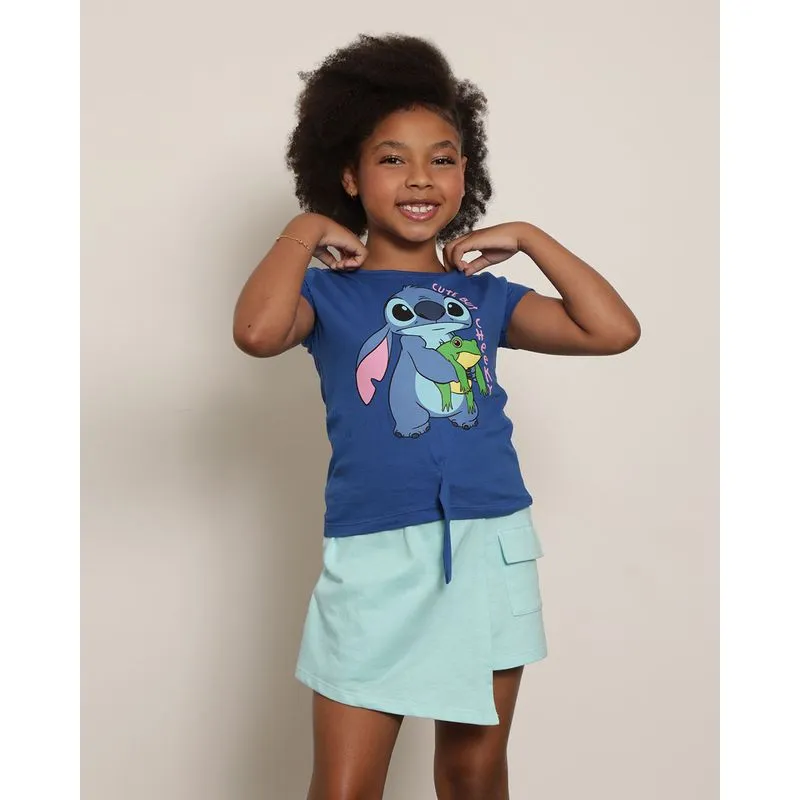 Camiseta Infantil Menina Disney Stitch Estampa Frontal Manga Curta Gola Redonda Azul 8