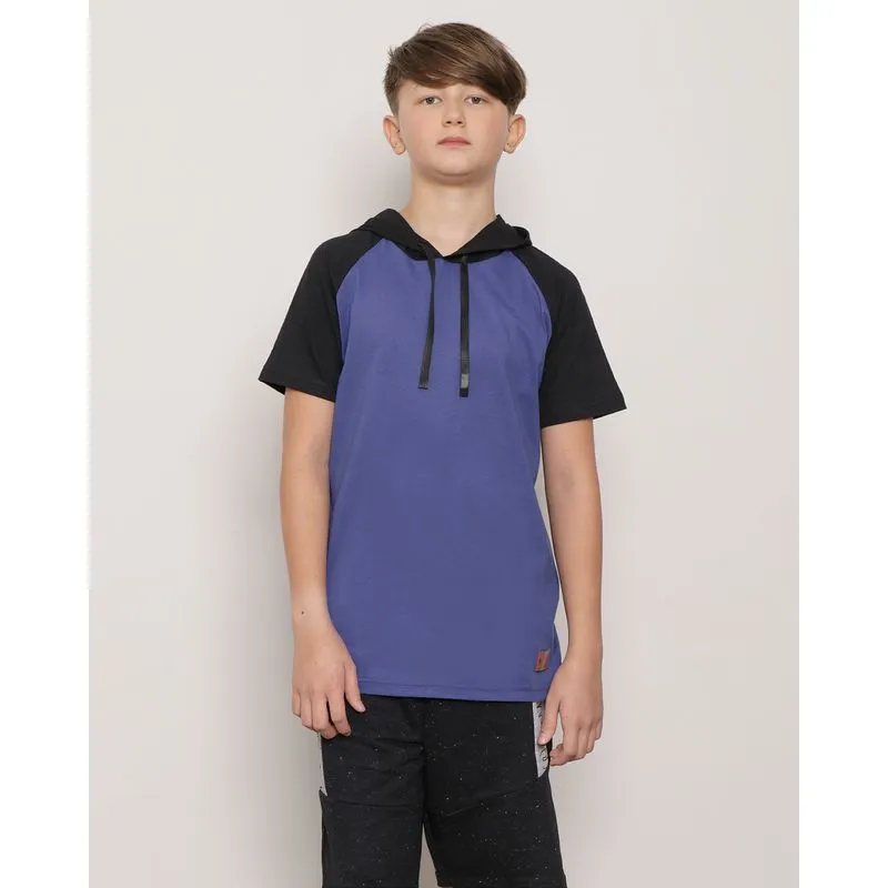 Camiseta Juvenil Manga Curta Com Capuz Recortes Azul 16