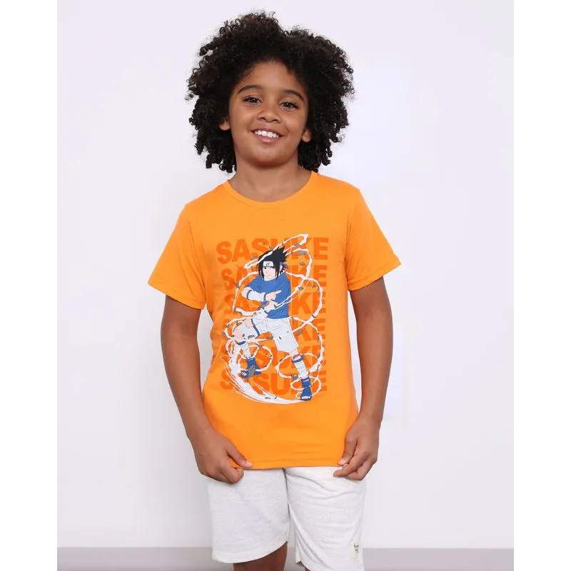 Camiseta Infantil Menino Naruto Estampa Frontal Sasuke Manga Curta Laranja 6