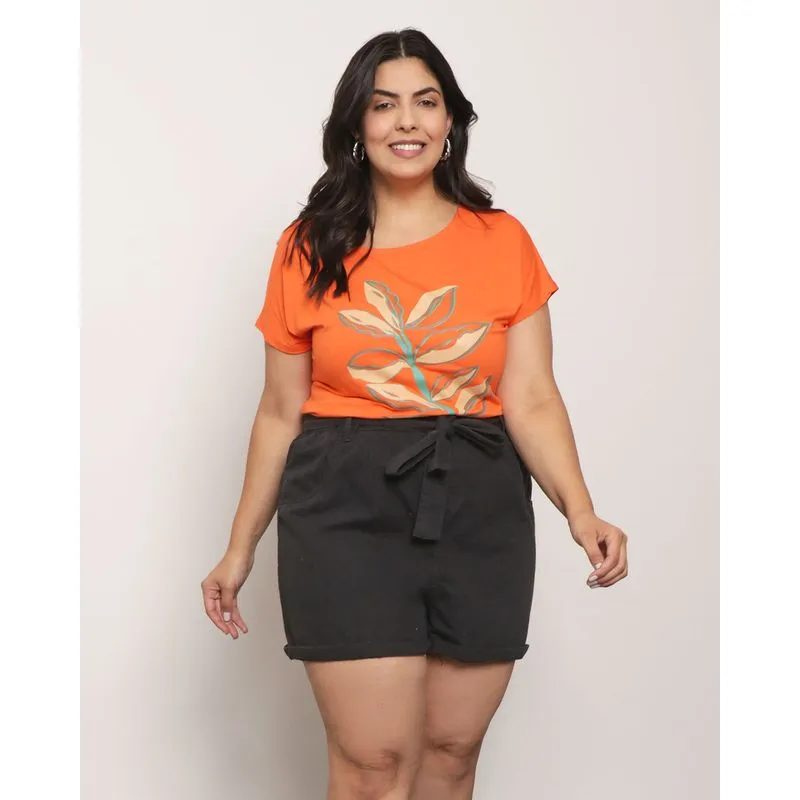 Blusa Plus Size Feminina Estampa Manga Curta Laranja G2