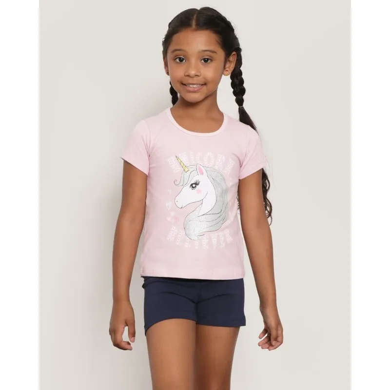 Conjunto Infantil Manga Curta Unicórnio Rosa 6