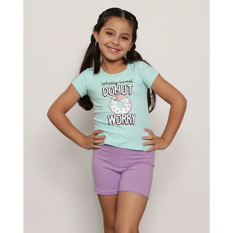 Conjunto Infantil Curto Estampa Donut Com Glitter Verde 8
