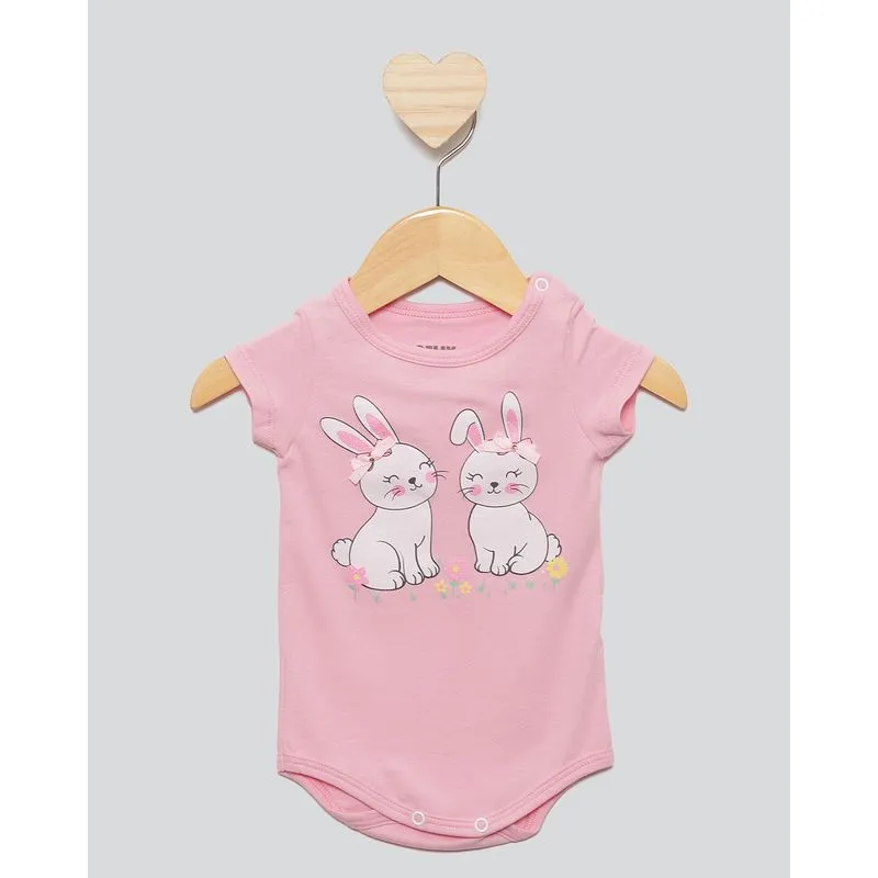 Body Bebê Manga Curta Estampa Coelho Rosa M