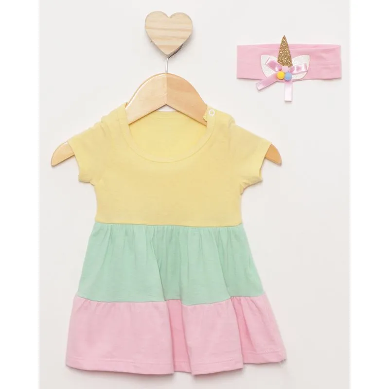 Vestido Bebê Três Marias Curto + Brinde Faixa de Cabelo Unicórnio Amarelo M