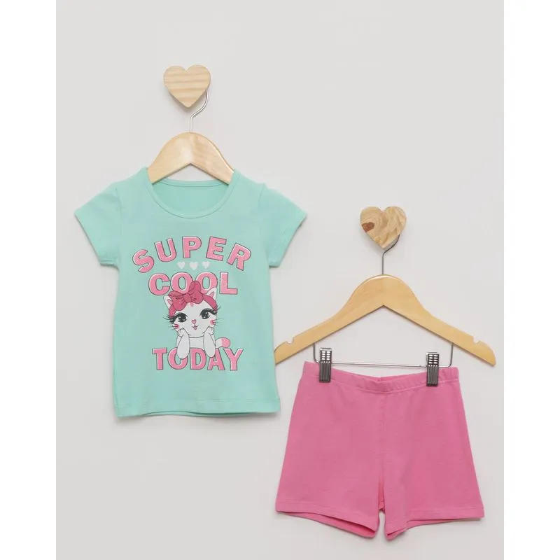 Conjunto Bebê Curto Estampa Gatinha Verde 3