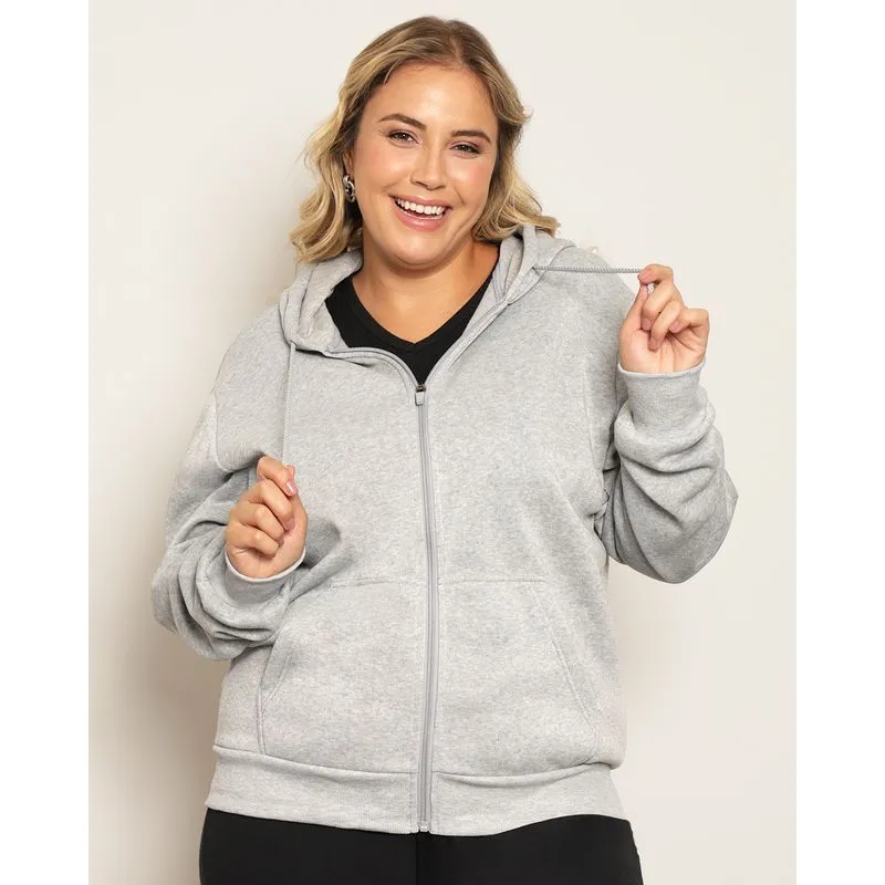 Jaqueta Moletom Plus Size Feminina Com Capuz Cinza G2