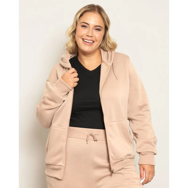 Jaqueta Moletom Plus Size Feminina Peluciada Com Capuz Bege G2