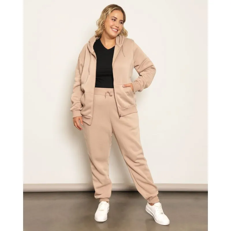Calça Moletom Plus Size Feminina Peluciada Jogger Com Bolsos Bege G2
