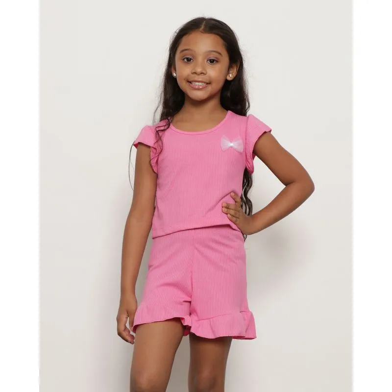 Conjunto Infantil Manga Curta Canelado com Laço Frontal Rosa 8
