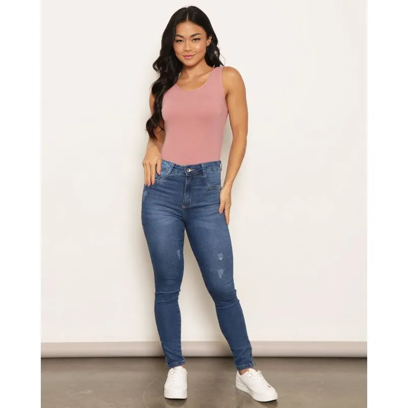 Calça Jeans Feminina Skinny Com Puídos Azul 46