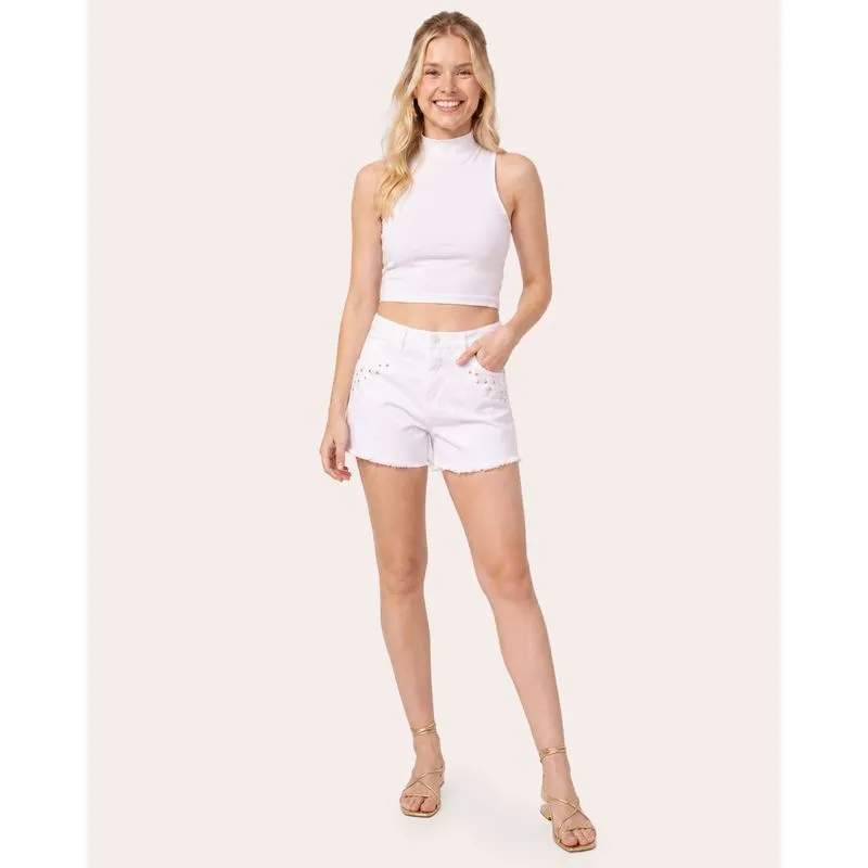 Short Sarja Feminino Algodão Barra Desfiada Branca 44