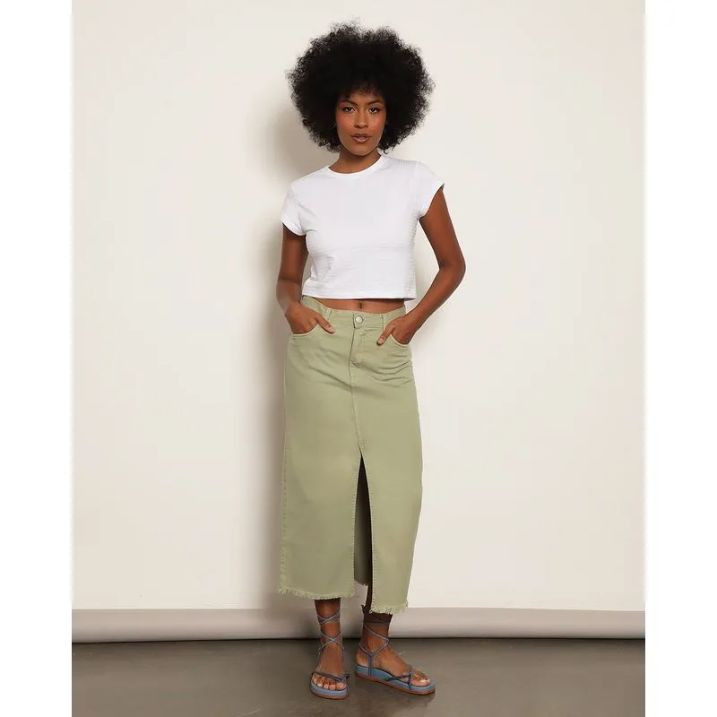 Saia Feminina Sarja Midi Fenda Barra Desfiada Verde 46