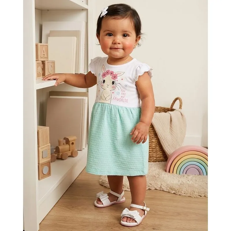Vestido Bebê Manga Curta Texturizado Estampa Coelho Branco M