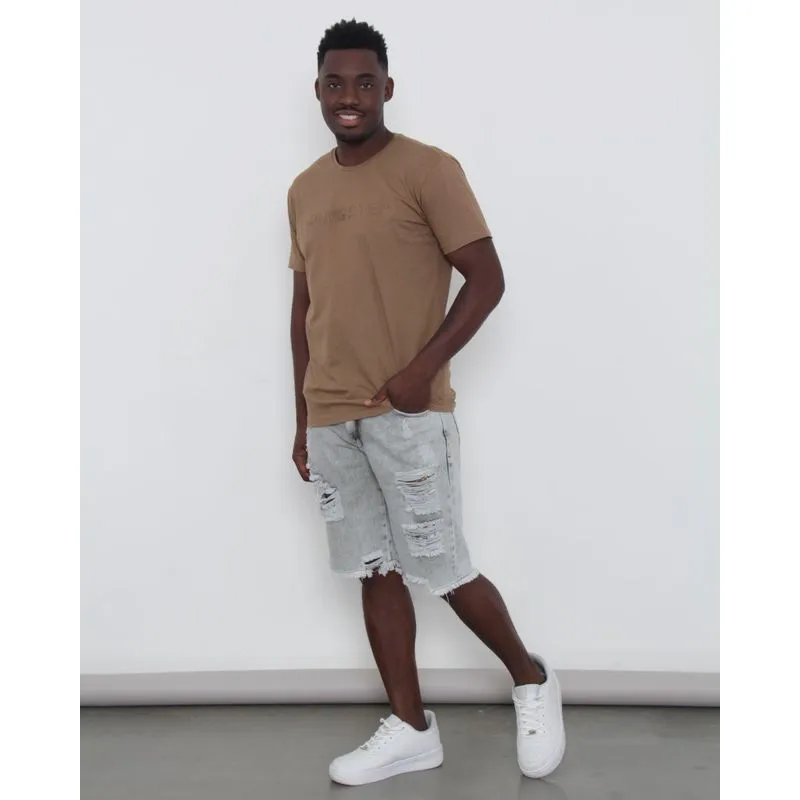 Bermuda Jeans Masculina Reta Destroyed Barra Desfiada Cinza 42