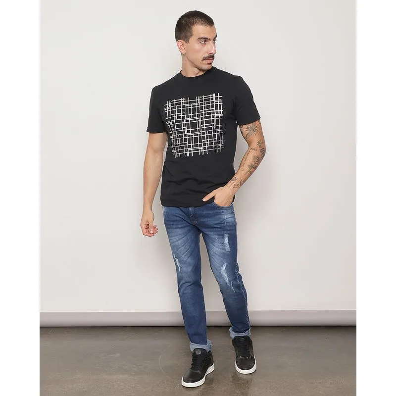 Calça Jens Masculina Reta Com Puídos Azul Escuro 36