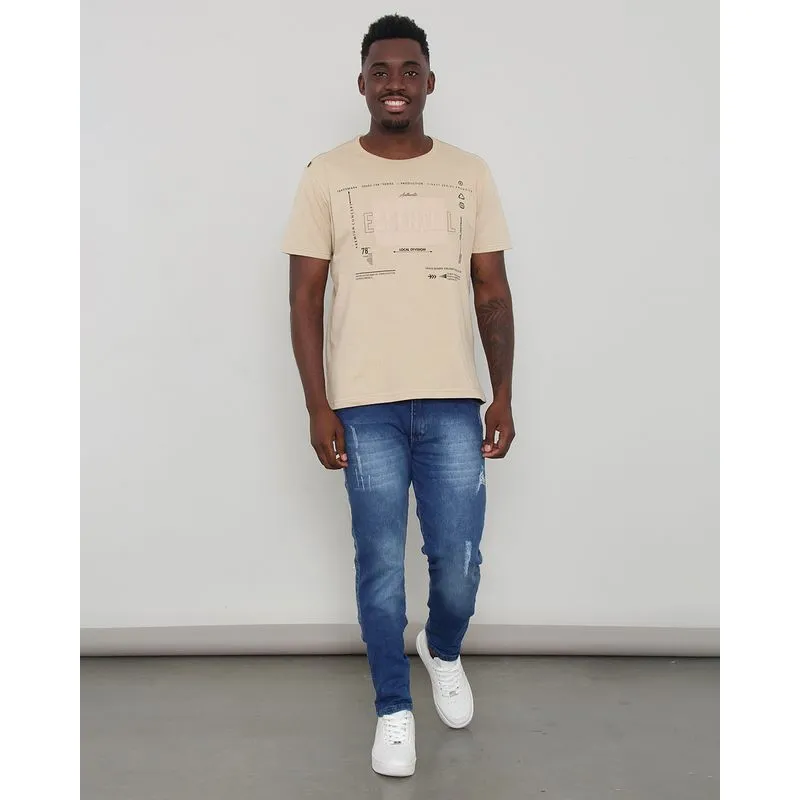 Calça Jeans Masculina Slim Com Puídos Azul 40