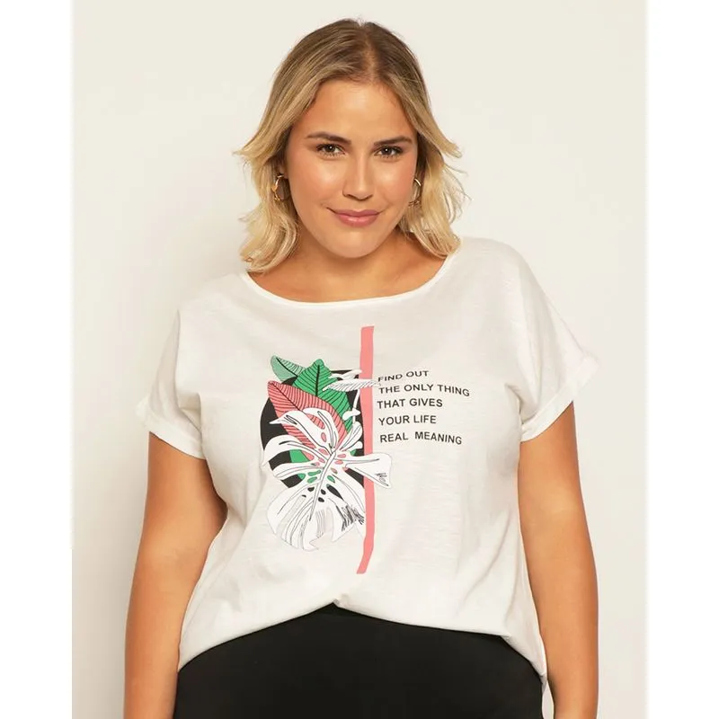 Blusa Plus Size Feminina Manga Curta Estampa Frontal Off White G2